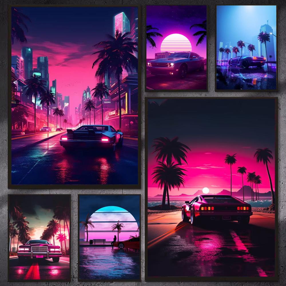 Cyberpunk 80s Retro car city P - огляд і ціна Retro Gaming Wallpaper