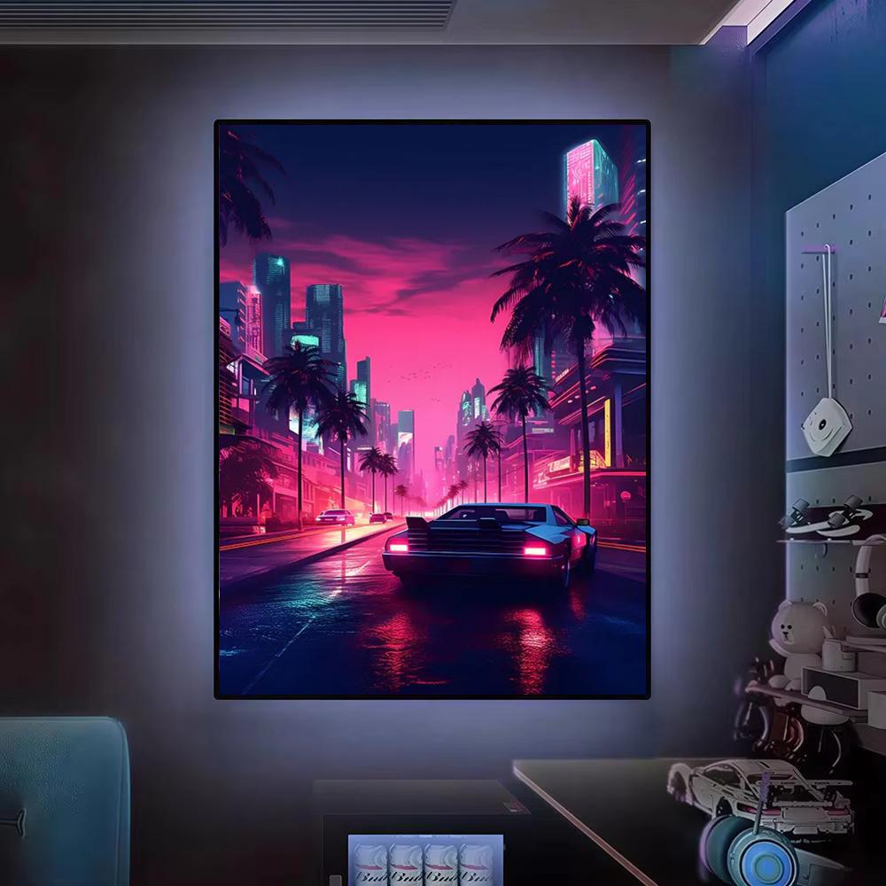 Cyberpunk 80s Retro car city P - огляд і ціна Retro Gaming Wallpaper