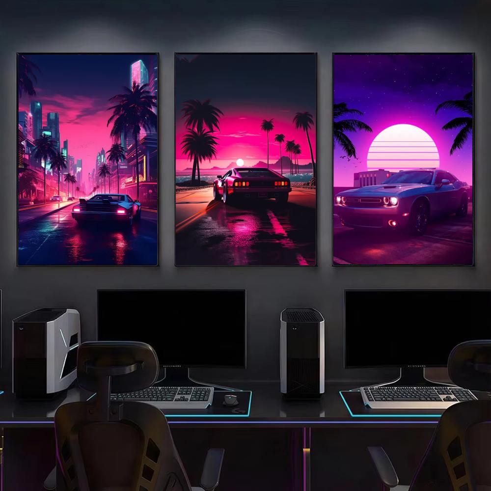 Cyberpunk 80s Retro car city P - огляд і ціна Retro Gaming Wallpaper