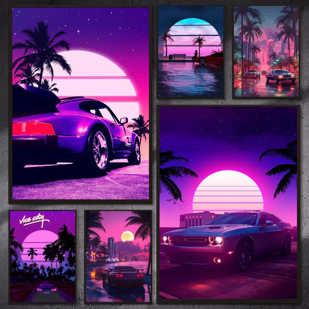 Cyberpunk 80s Retro car city P - огляд і ціна Retro Gaming Wallpaper