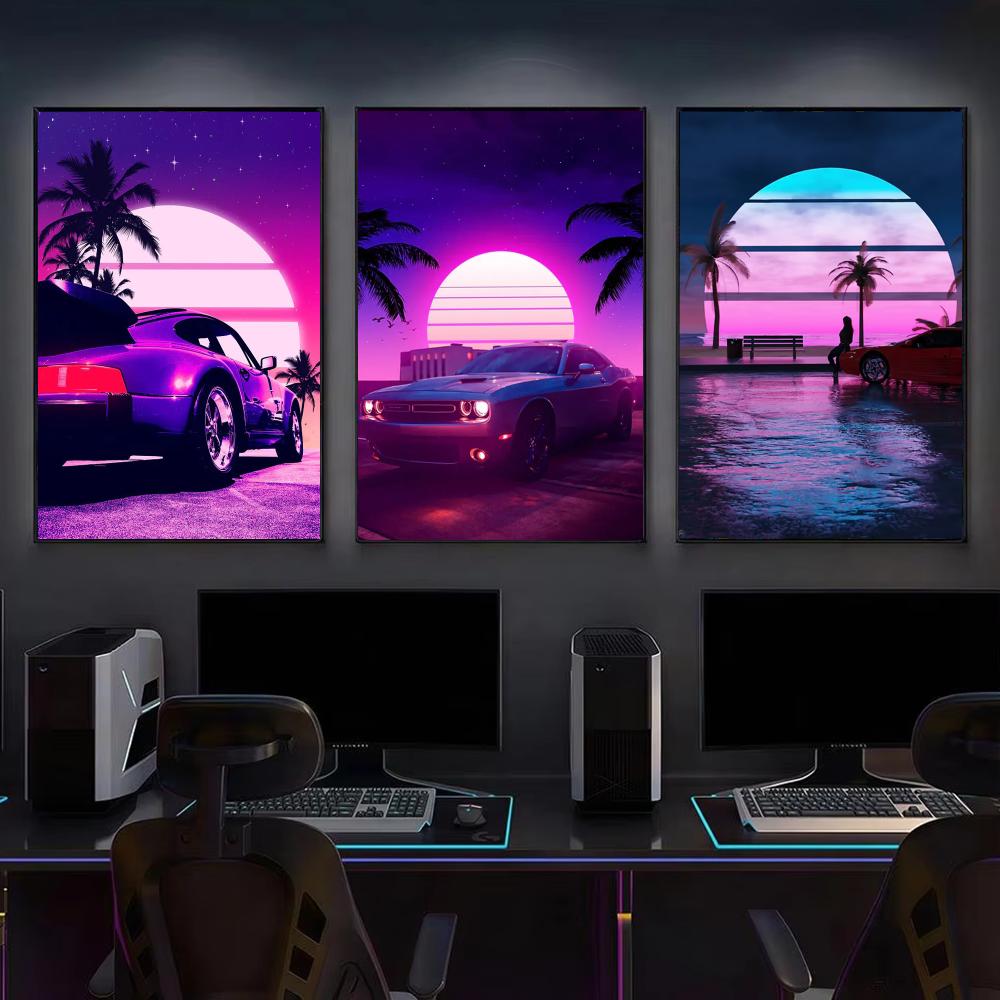 Cyberpunk 80s Retro car city P - огляд і ціна Retro Gaming Wallpaper